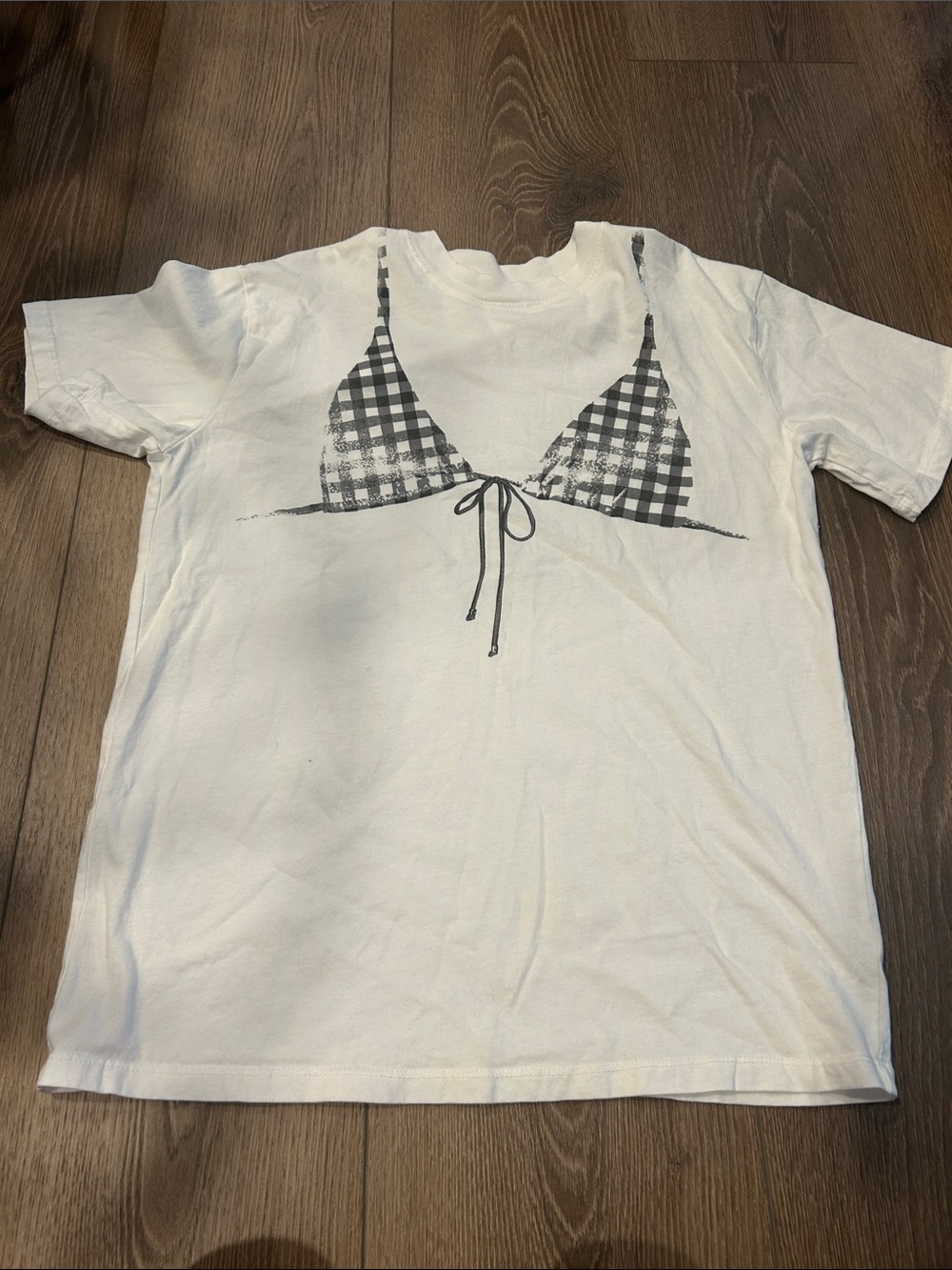 Wild Fable White Graphic Tee with Black Gingham Bikini Print